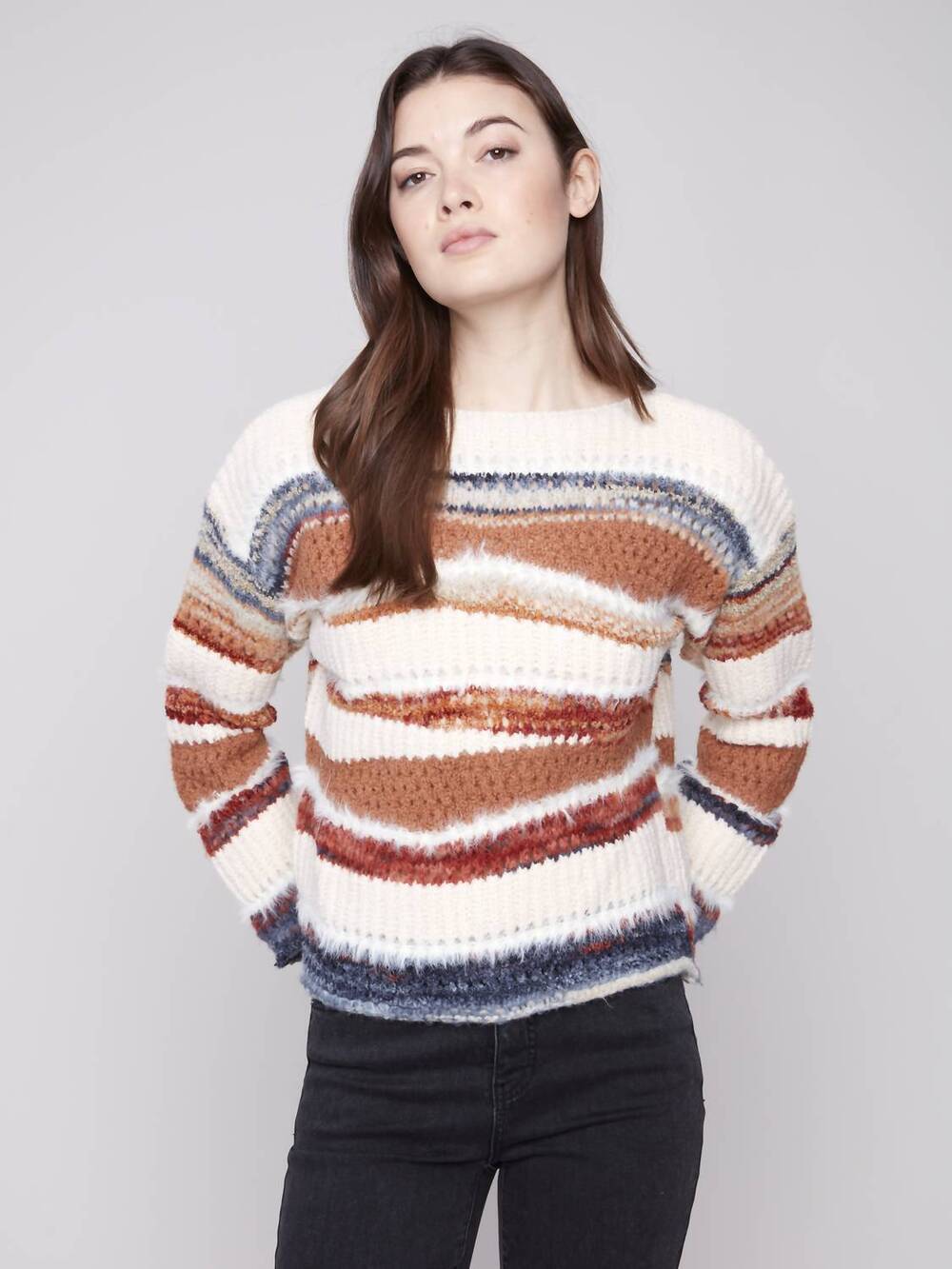 NEW CHARLIE B patchwork knit long sleeve sweater in sepia